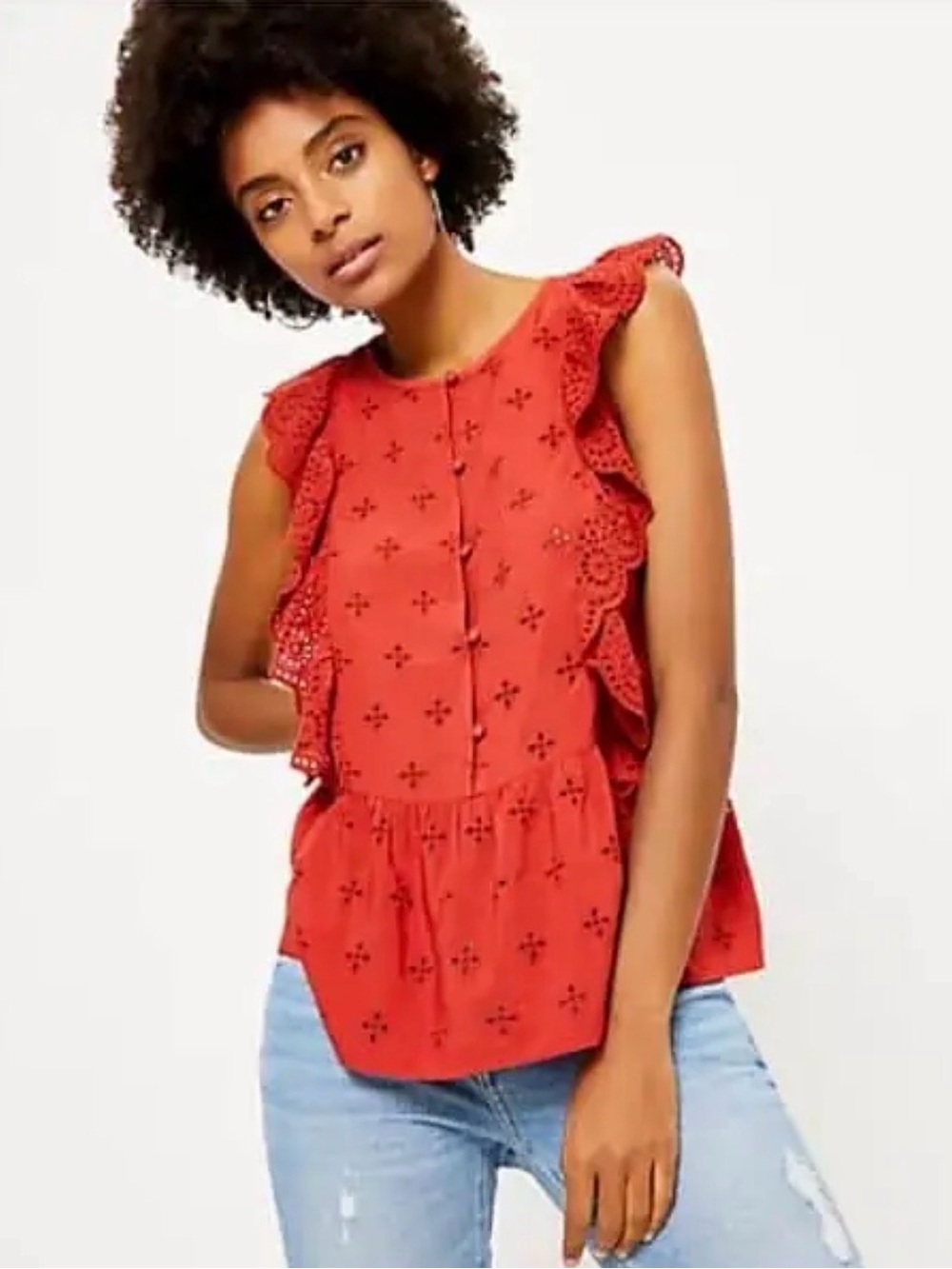 NEW Loft Orange Eyelet Ruffle Embroidery Sleeveless Button-Front Top Size S
